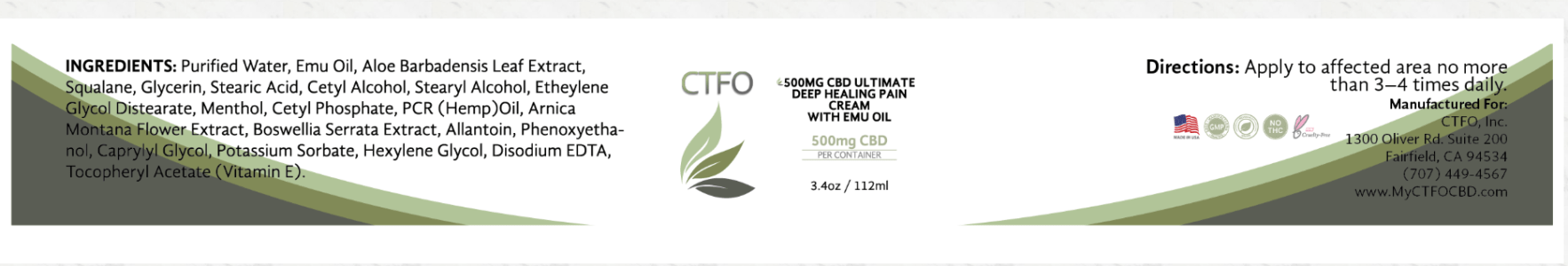 ctfo cbd ultimate deep healing pain cream with emu oil label