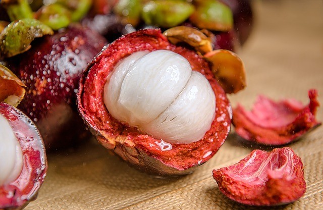 mangosteen fruit in a pod and open to reveal white flesh